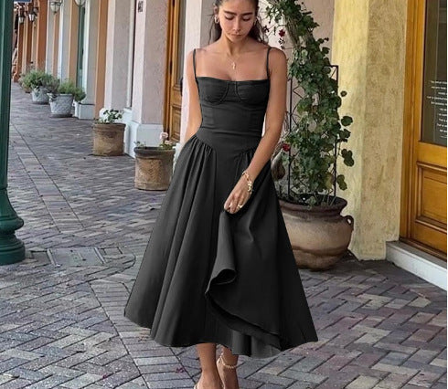 Damen Midikleid mit trägerlosem Design und voluminösem Faltenrock EB