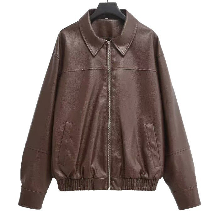 Damen nan oversized Lederjacke im Bomberstil mit Hemdkragen, durchgehendem Reißverschluss und lässiger Silhouette EB