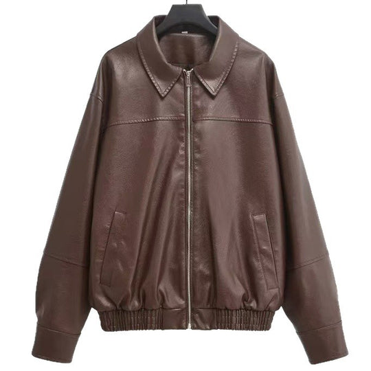 Damen nan oversized Lederjacke im Bomberstil mit Hemdkragen, durchgehendem Reißverschluss und lässiger Silhouette EB