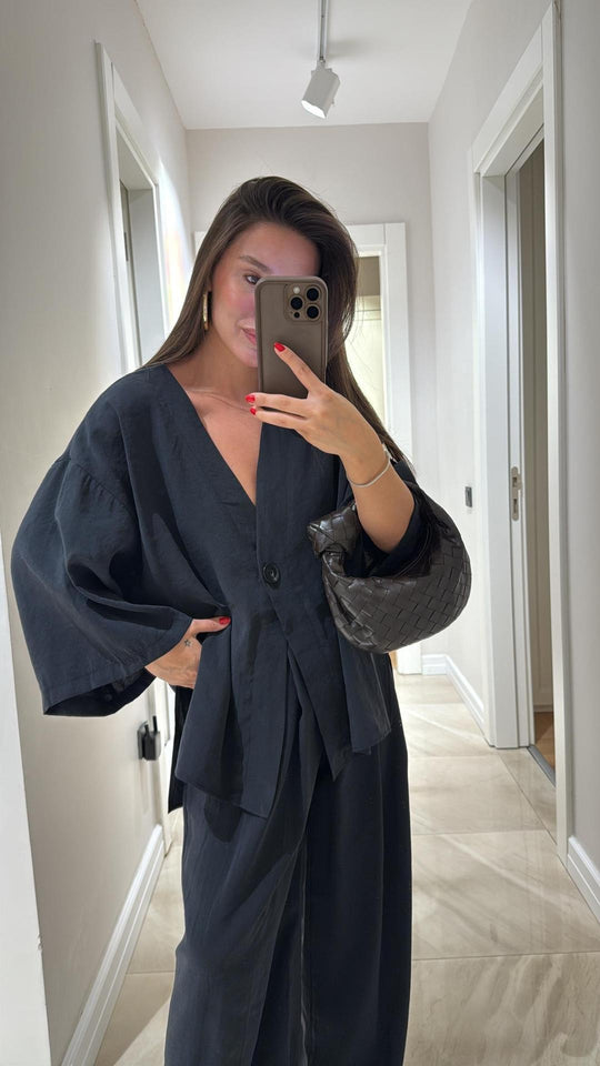 Damen nan lockeres Leinenoptik-Zweiteiler mit Kimono-Blazer und weitem Palazzo-Hose EB