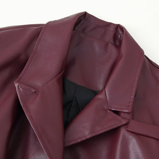 Damen elegante Kunstlederjacke mit tailliertem Schnitt und Bindegürtel EB