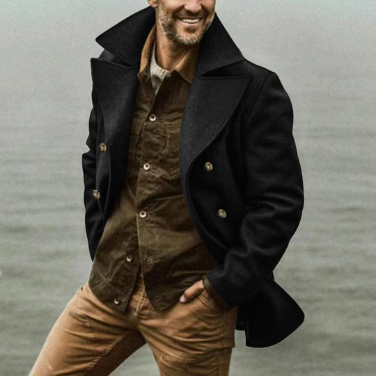 Herren eleganter, klassischer Wollmantel mit doppelter Knopfleiste und hohem Kragen EB