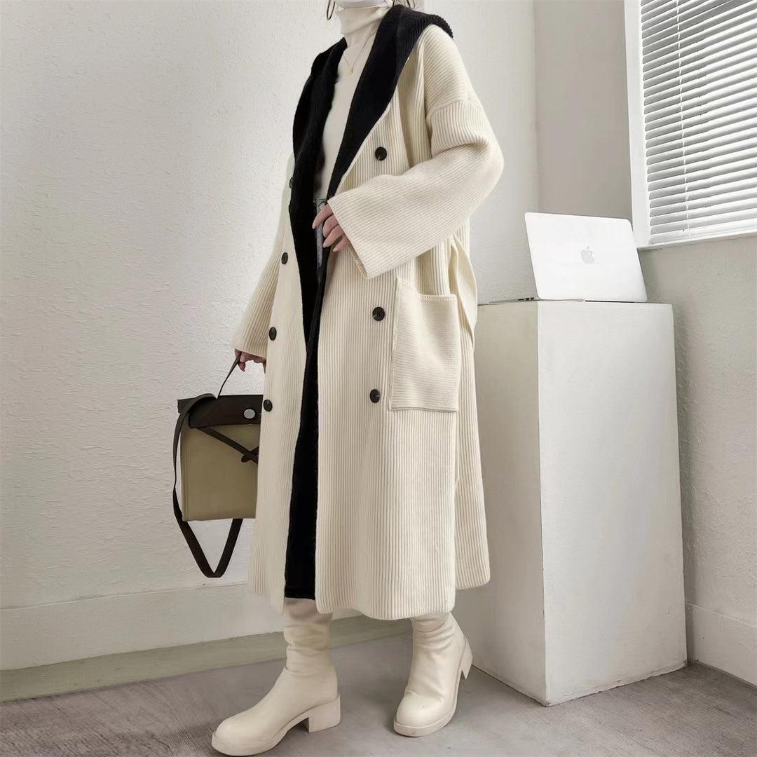 Damen Eleganter langer Mantel mit Gürtel und kontrastierenden Ärmeln EB