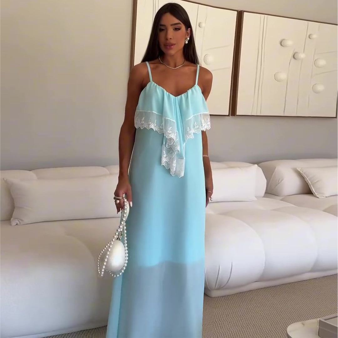 Damen Maxi-Nachtkleid mit zartem Spitzenbesatz und feinen Trägern EB