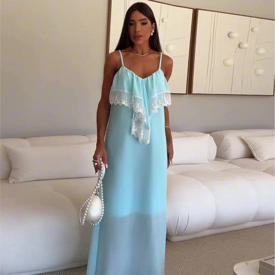 Damen Maxi-Nachtkleid mit zartem Spitzenbesatz und feinen Trägern EB