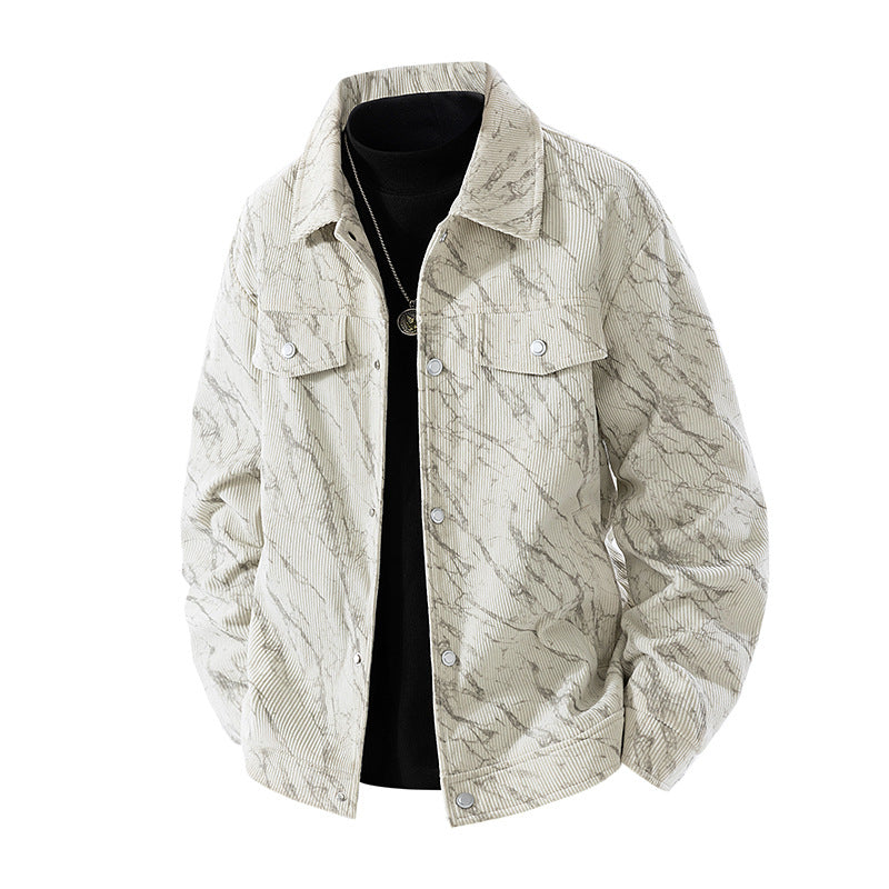 Men's  marbled corduroy snap-front collared trucker jacket with chest flap pockets EB
