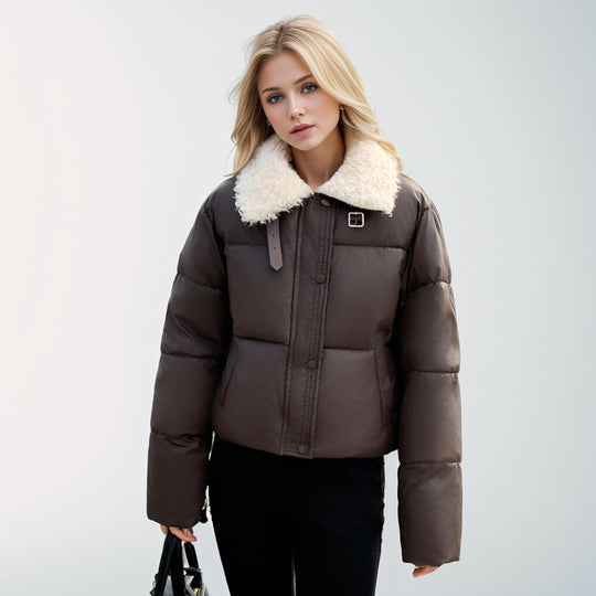 Damen kurze, gefütterte Winterjacke mit elegantem Kunstfellkragen EB