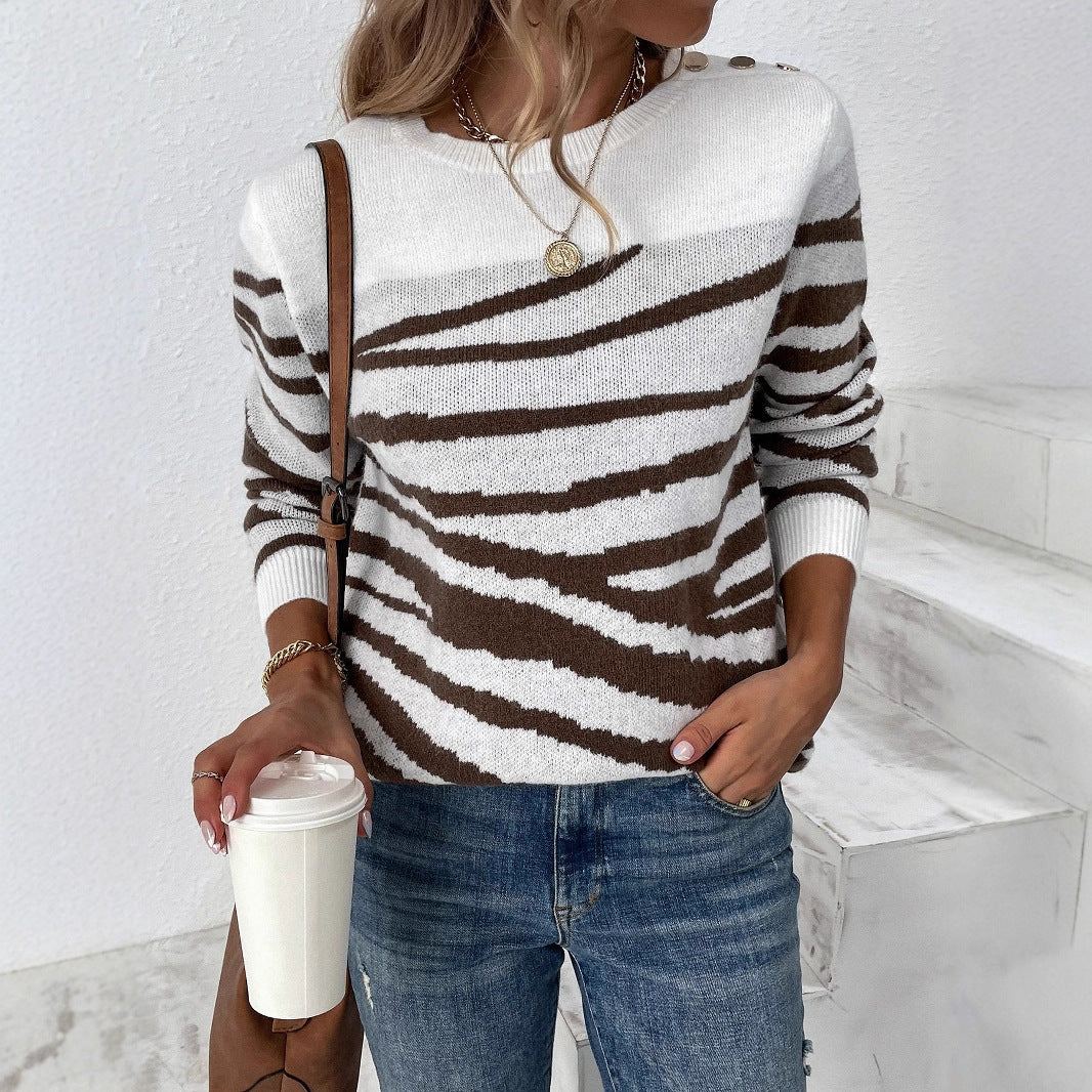 Damen gemütlicher Strickpullover mit modernem Zebrastreifen-Muster und komfortablem Schnitt EB