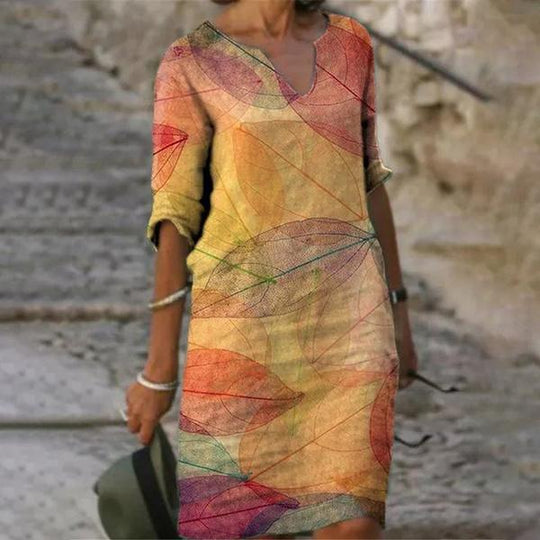 Damen nan lässiges Leinenkleid mit V-Ausschnitt und floralem Allovermuster, knielang mit dreiviertelärmeln EB