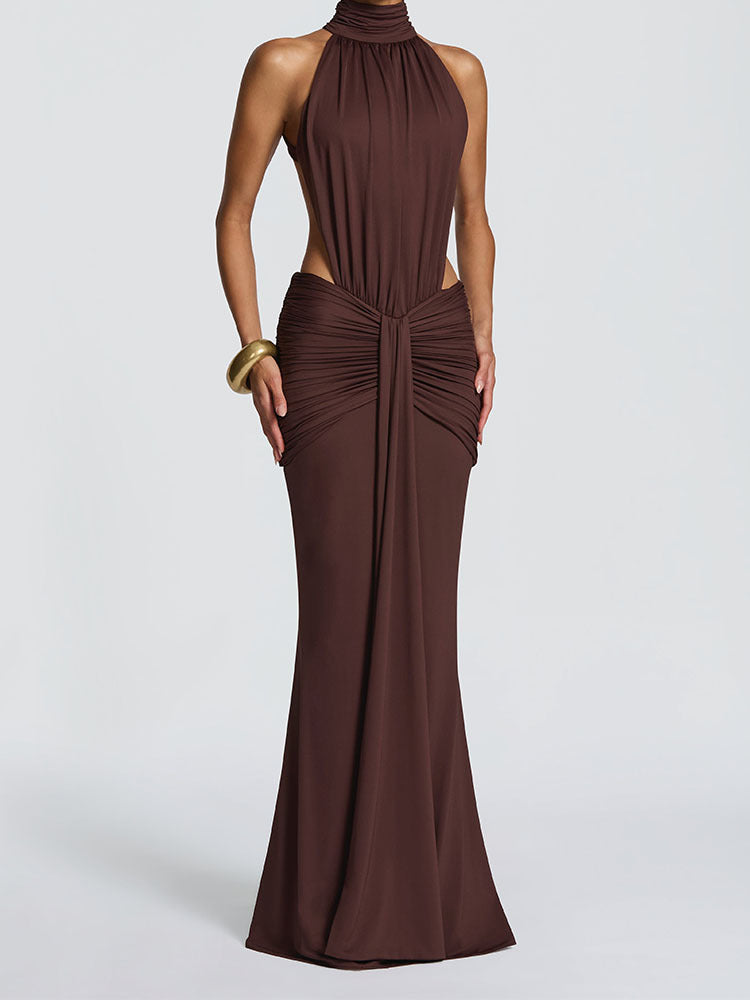 Damen Elegantes Maxikleid mit drapiertem Vorderteil und hochgeschlossenem Design EB