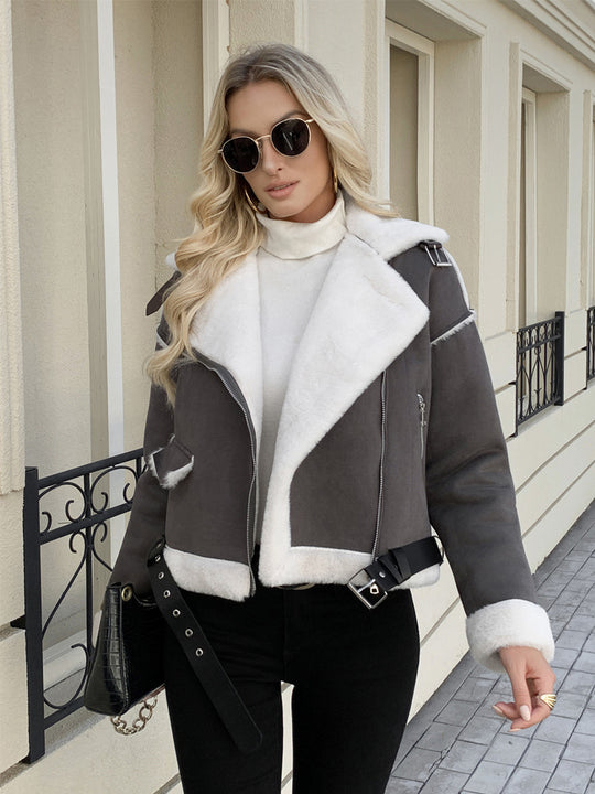 Damen modische jacke mit Kunstfellkragen und Gürtel EB