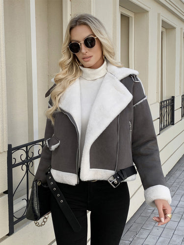Damen modische jacke mit Kunstfellkragen und Gürtel EB