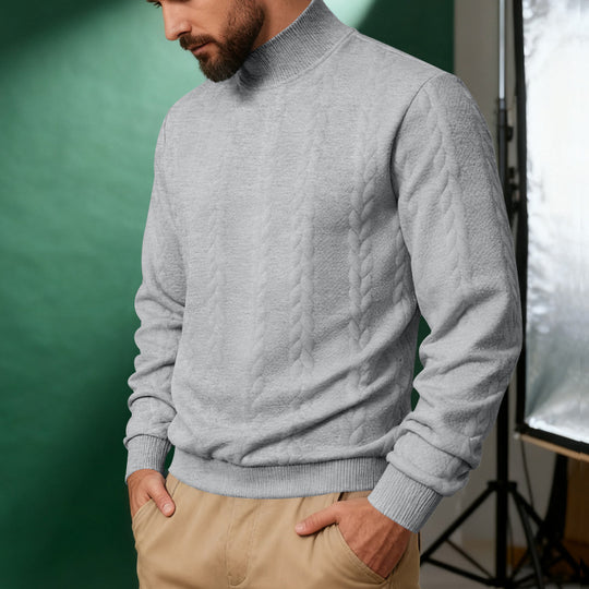 Herren nan Strickpullover mit Stehkragen, Zopfmuster, weichem Rippbündchen und Regular Fit EB