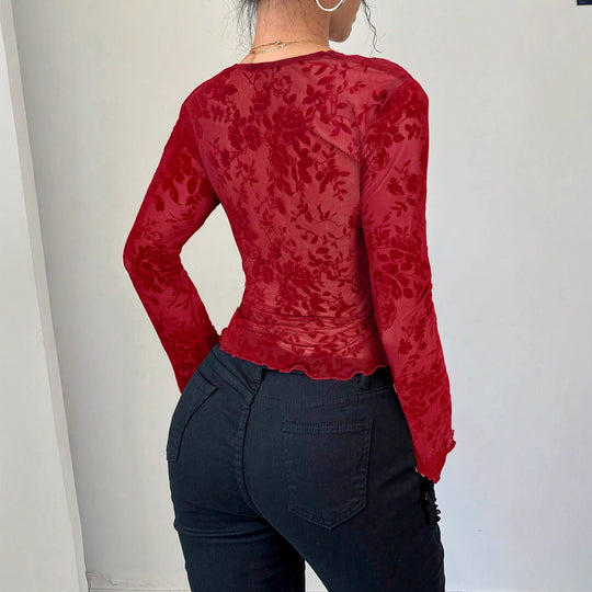 Damen nan eng anliegende transparente Mesh-Spitzenbluse mit tiefem V-Ausschnitt und floraler Veloursstruktur EB