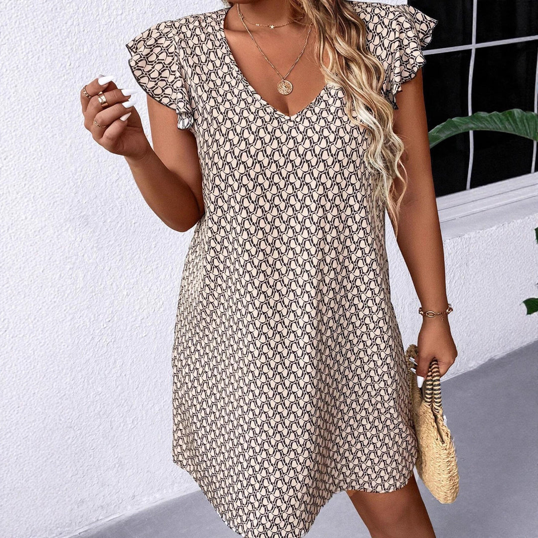 Damen lässiges Sommerkleid mit elegantem V-Ausschnitt und Rüschendetails EB