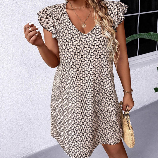 Damen lässiges Sommerkleid mit elegantem V-Ausschnitt und Rüschendetails EB