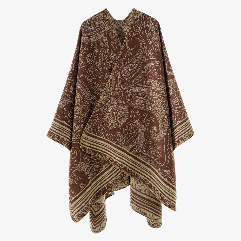 Damen Jacquard-Poncho im Ruana-Schnitt mit Paisley-Muster und breiter Bordüre EB