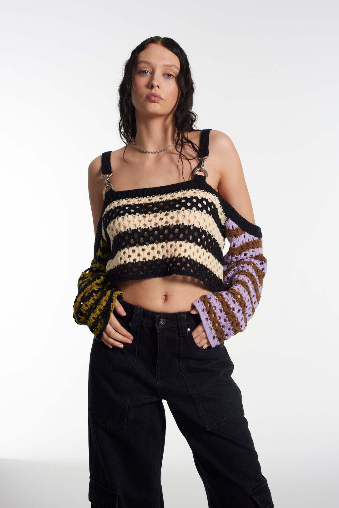 Damen gehäkeltes Crop-Top mit kreativen Streifen und dekorativen Ärmeln EB