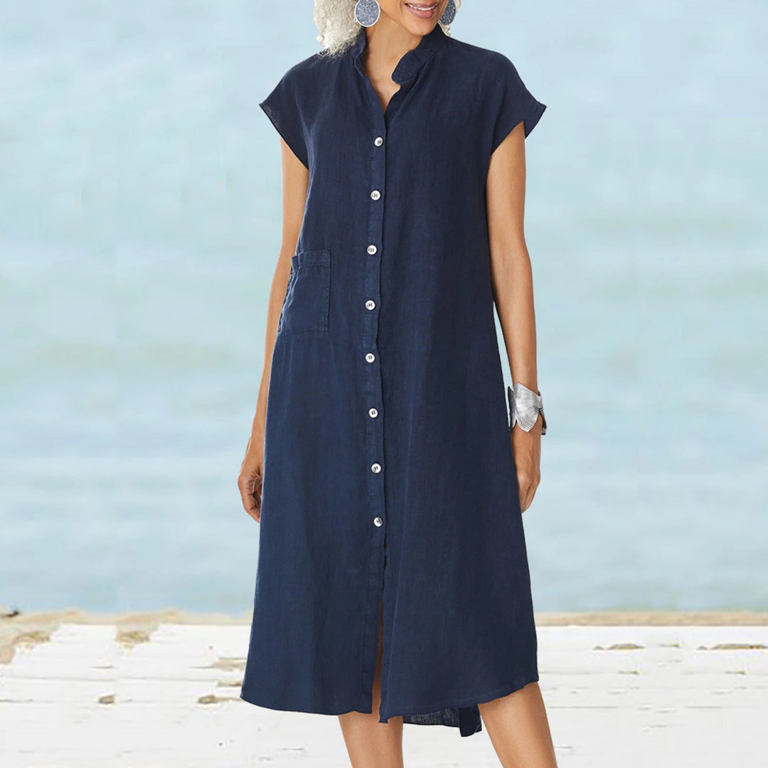 Damen lässiges Midi-Hemdkleid aus Leinen mit Knopfleiste und seitlichen Taschen EB
