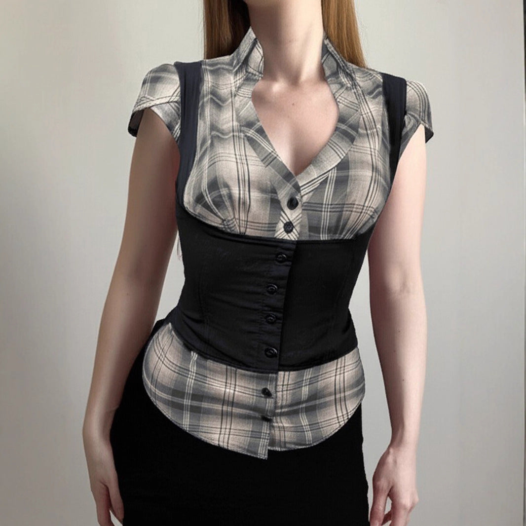 Damen karierte Bluse mit figurbetonendem Schnitt und stylishen Akzenten EB