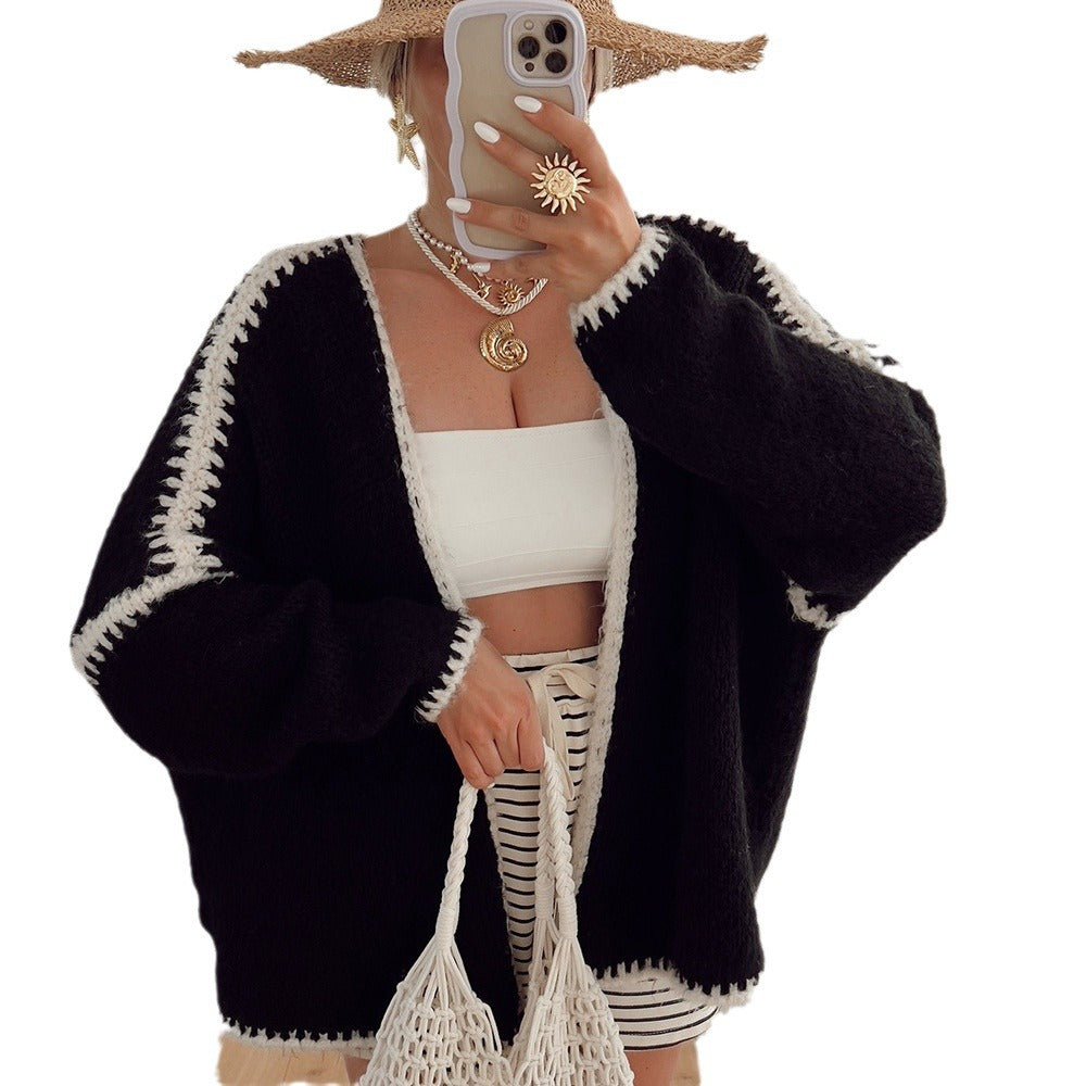 Damen lässiger Strickcardigan mit attraktiven Kontrastdetails EB