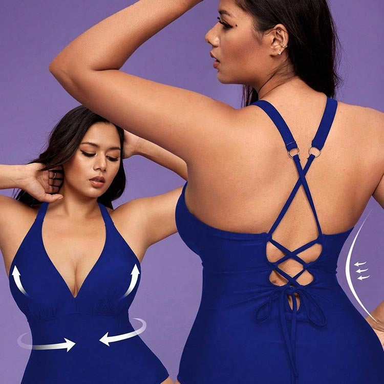 Damen Einteiler Badeanzug mit tiefem V-Ausschnitt und schmeichelnder Silhouette EB