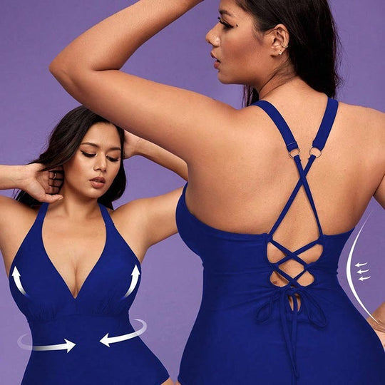Damen Einteiler Badeanzug mit tiefem V-Ausschnitt und schmeichelnder Silhouette EB