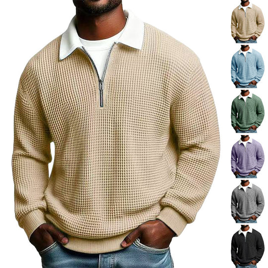 Herren nan strukturierter Waffelstrick-Pullover mit Polokragen und kurzem Reißverschluss EB