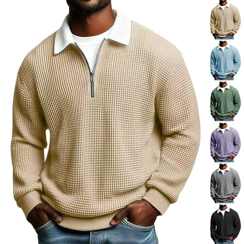 Herren nan strukturierter Waffelstrick-Pullover mit Polokragen und kurzem Reißverschluss EB