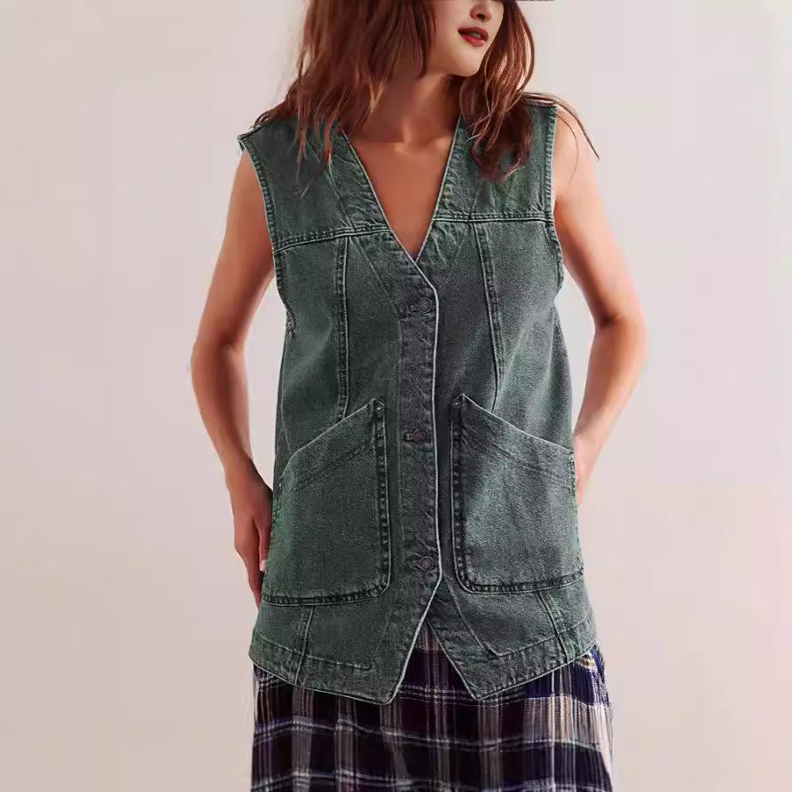 Damen Denim-Latzjacke mit praktischen Taschen und modischem V-Ausschnitt EB