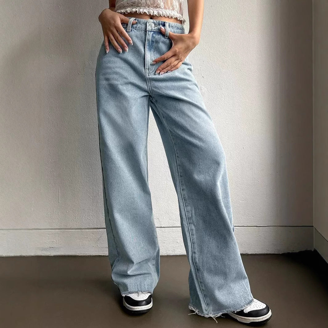 Damen Weite Jeans mit lässigem Schnitt und fransigen Säumen EB
