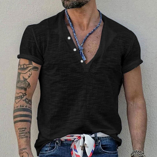 Herren Kurzarm Henley-Shirt mit dekorativen Knöpfen und atmungsaktiver Struktur EB