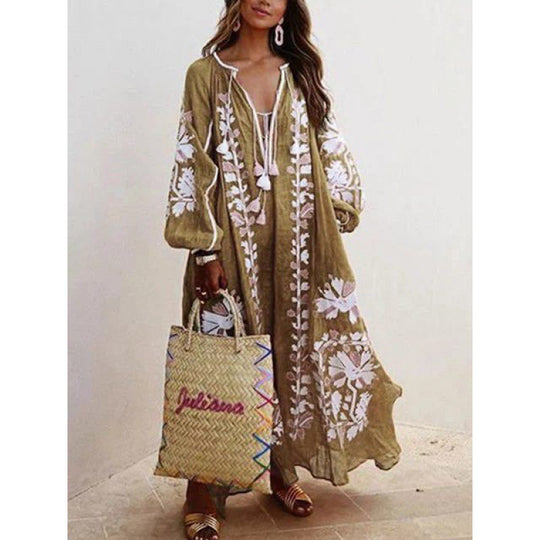 Damen Besticktes Boho-Maxikleid mit Ballonärmeln und Quastenverschluss EB