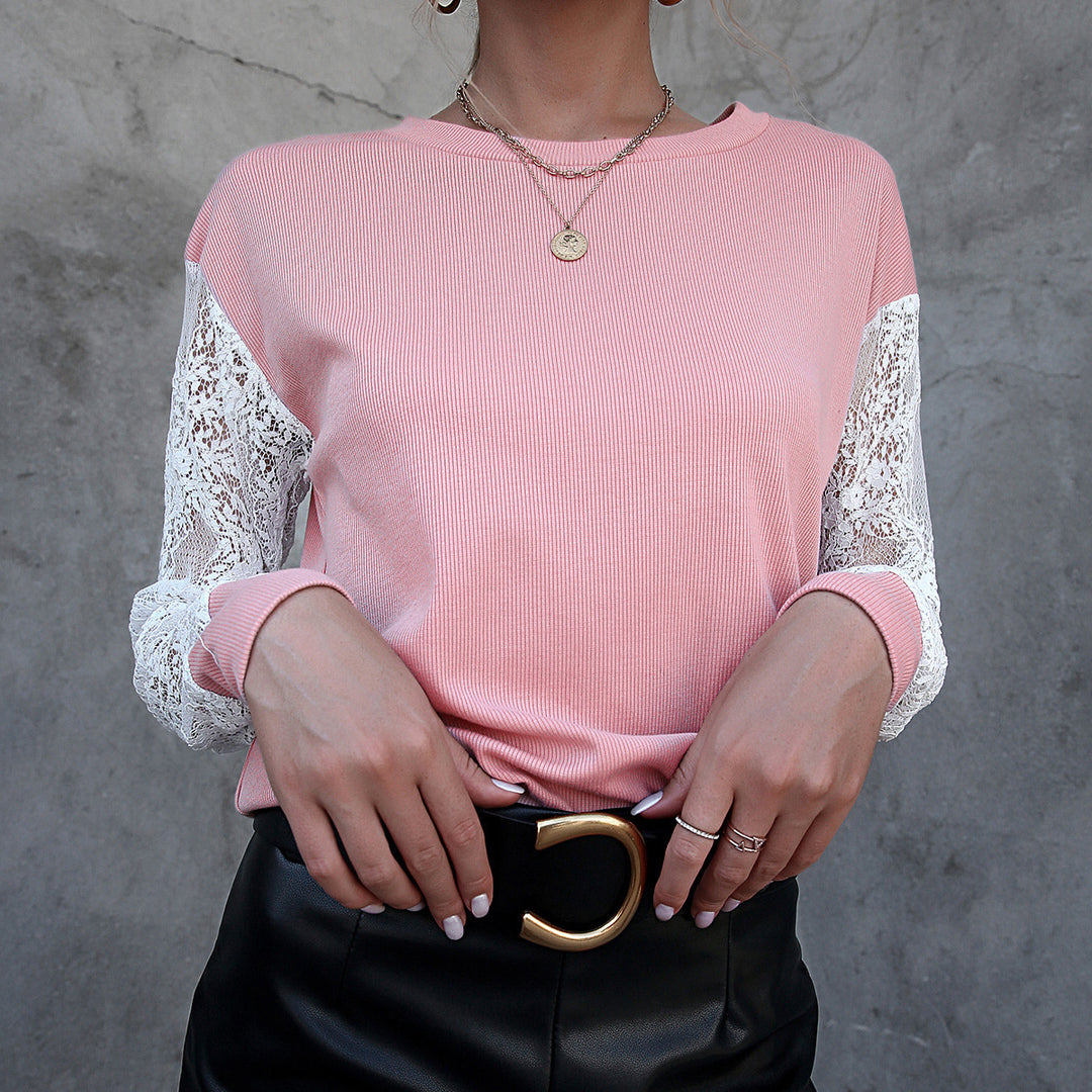 Damen Elegantes Langarm-Oberteil mit Spitze und strukturierter Oberfläche EB