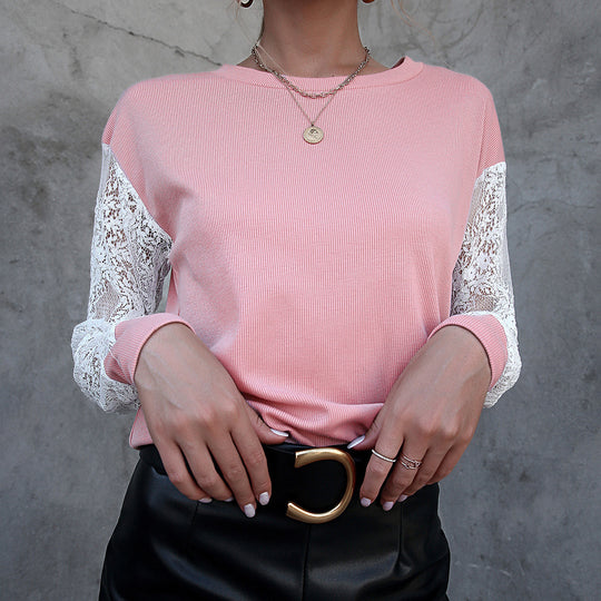 Damen Elegantes Langarm-Oberteil mit Spitze und strukturierter Oberfläche EB