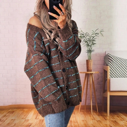 Damen Grobstrickjacke mit modischen Kontraststreifen und eleganten Knopfdetails EB