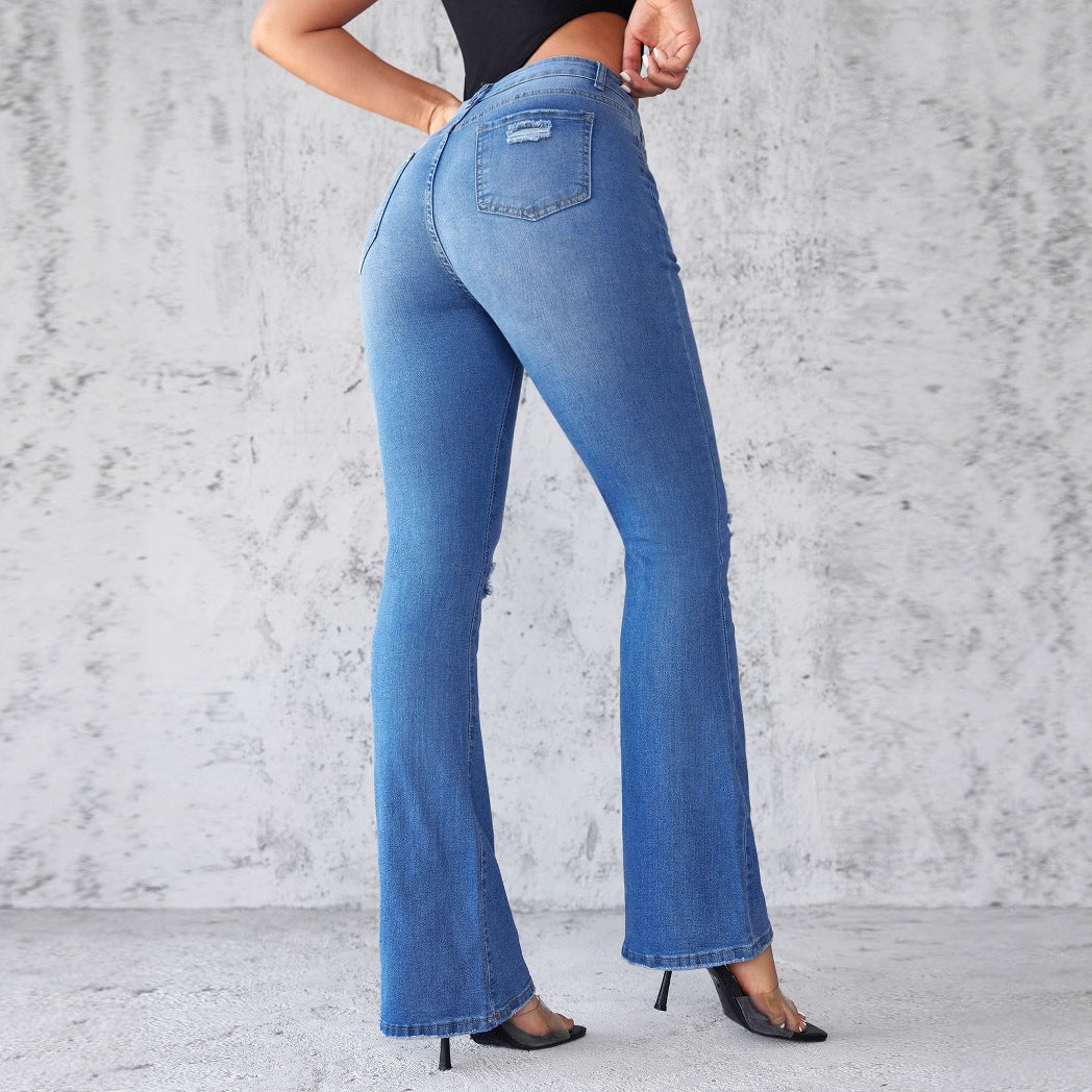 Damen Flared Jeans im modernen Used-Look mit eleganten Rissen und hohem Taillenbund EB