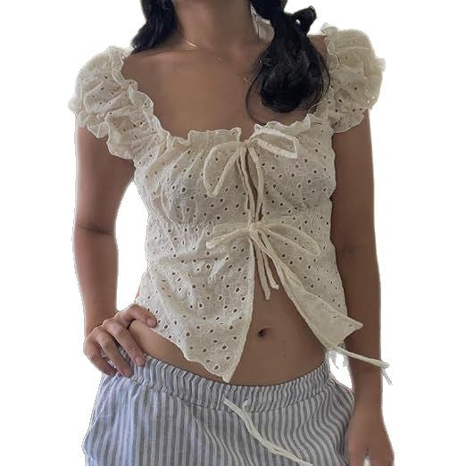 Damen Rüschenshirt mit tiefer Taille und Bindebändern EB