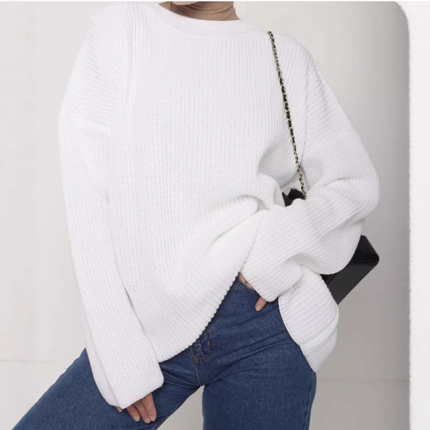 Damen Lässiger Grobstrickpullover mit weiten Ärmeln und modernem Schnitt EB