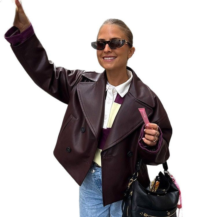 Damen modische Kunstlederjacke mit doppelter Knopfleiste EB