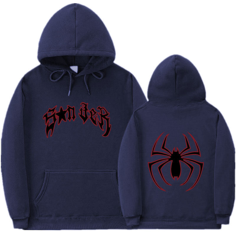 Damen Kapuzenpullover mit auffälligem Spinnenmotiv und grobem Schriftzug EB