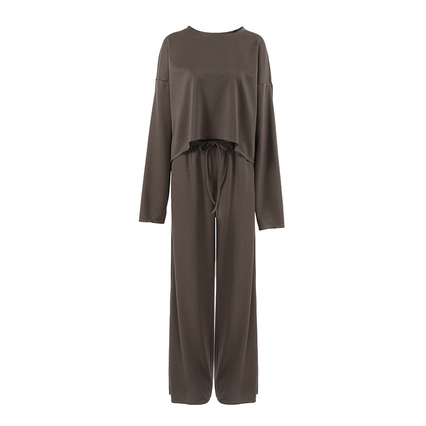 Damen Bequemes Cropped Sweatshirt und Weite Hose Set EB