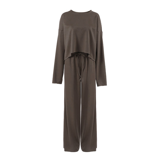 Damen Bequemes Cropped Sweatshirt und Weite Hose Set EB