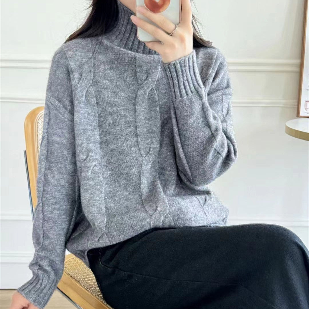 Damen Strickpullover mit hohem Kragen und Zopfmuster EB