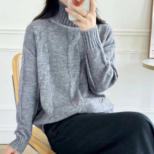Damen Strickpullover mit hohem Kragen und Zopfmuster EB