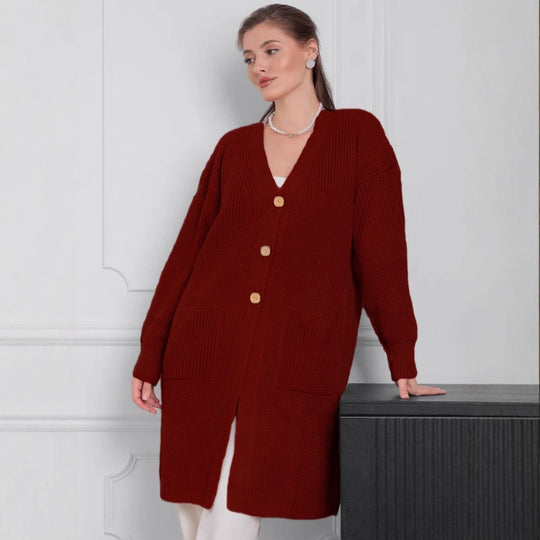 Damen Grobstrick-Cardigan mit schlichten Holzknöpfen und praktischen Taschen EB