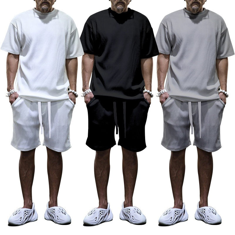 Herren nan lässiges Waffeljersey-Set mit weitem Oberteil und Tunnelzug-Shorts EB