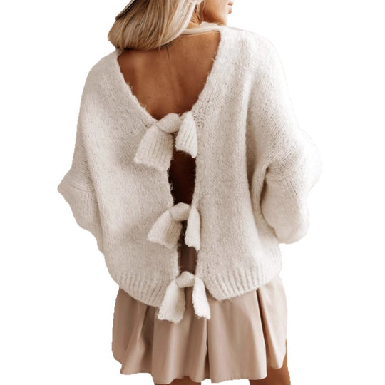 Damen lässiger Strickpullover mit tiefem Rückenausschnitt und Schleifendetails EB