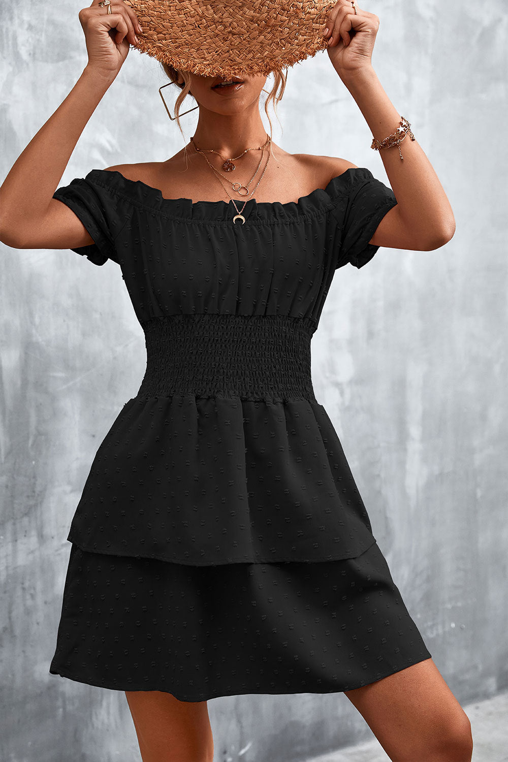 Damen Off-Shoulder Sommerkleid mit rüschenförmigem Saum und elastischem Taillenbund EB