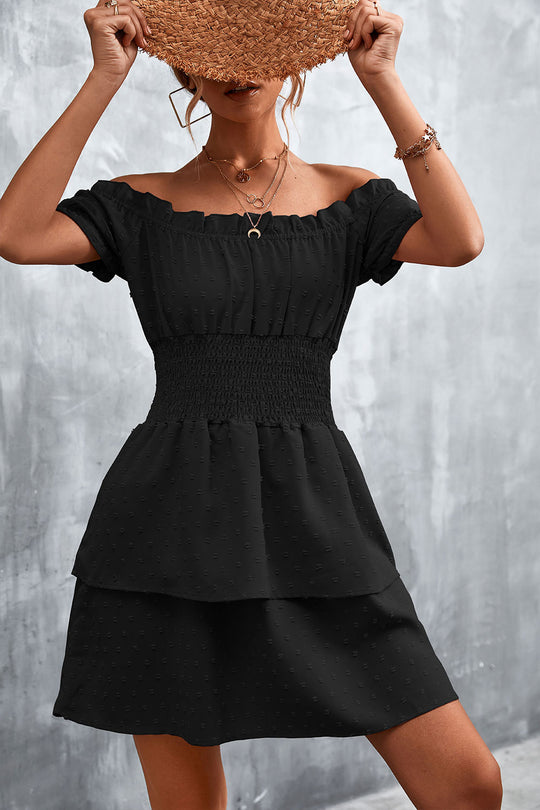 Damen Off-Shoulder Sommerkleid mit rüschenförmigem Saum und elastischem Taillenbund EB